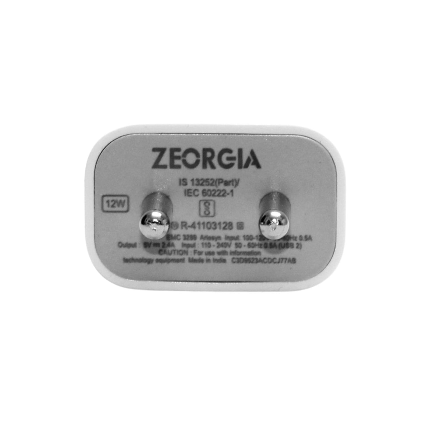 ZEORGIA ZE-IP2.4 12W Power Charger | Swift and Smart Charging with Auto-Detection, Intelligent Chip, and Advanced Safety Features | Single Port, Fireproof Design, and Proudly Made in India