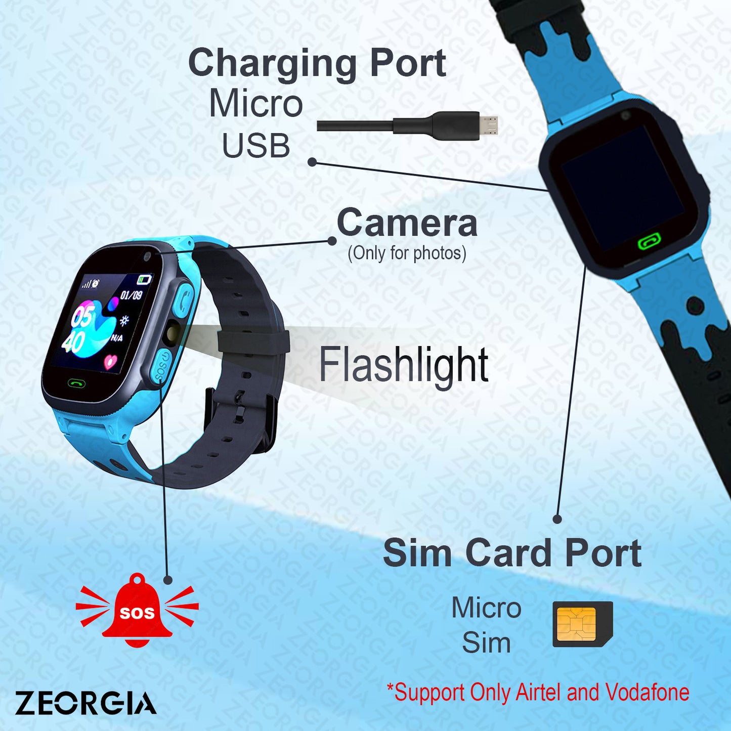 Zeorgia Kids Smart Watch Phone | Location Tracking | 2-Way Voice Calling | SIM Card Compatible | Selfie Camera | Parent Control App | Voice Chat | Long Battery Life | Ideal for Boys & Girls