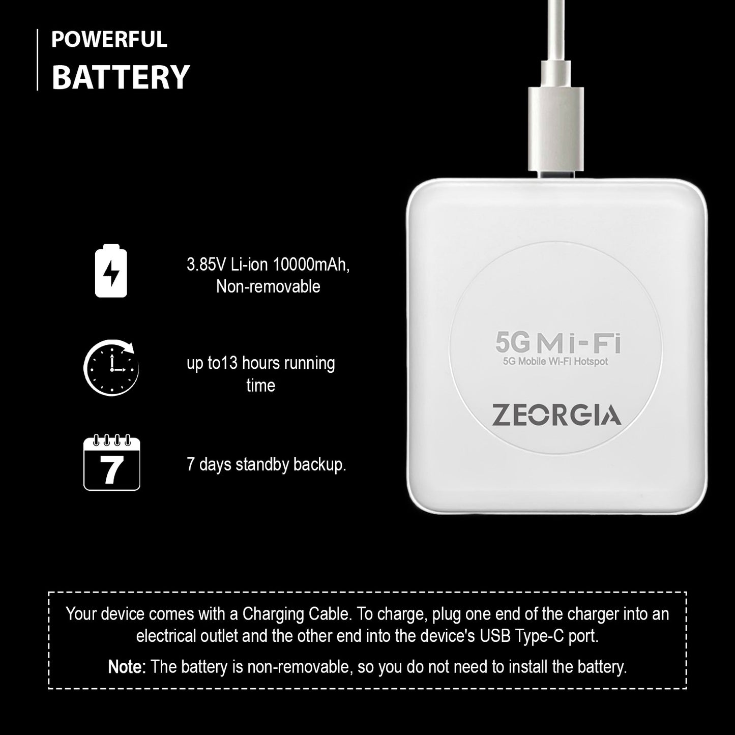 ZEORGIA 5G LTE Wireless Dongle with All Sim Network Support | Dual Band WIFI Data Card with Up to 600Mbps WIFI Hotspot | 10000mAh Rechargeable Battery (MF5606)