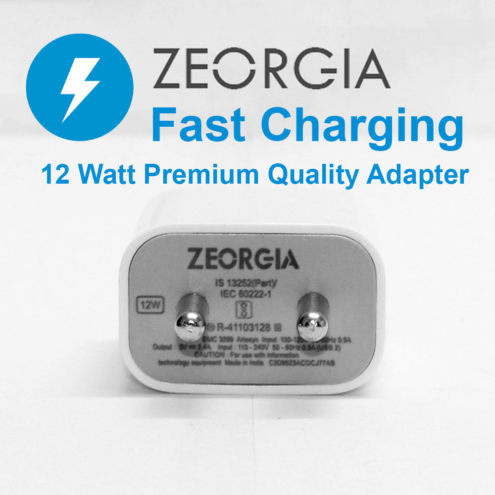 ZEORGIA ZE-IP2.4 12W Power Charger | Swift and Smart Charging with Auto-Detection, Intelligent Chip, and Advanced Safety Features | Single Port, Fireproof Design, and Proudly Made in India