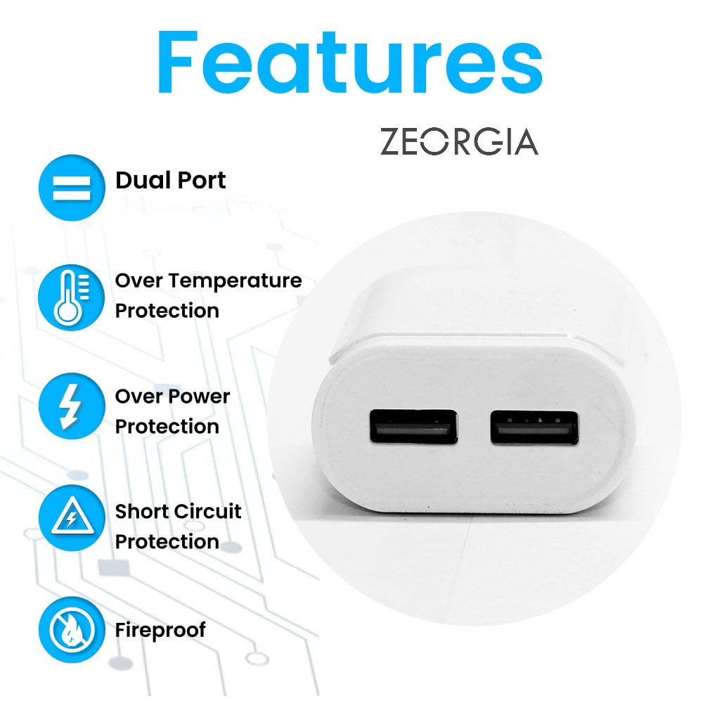 ZEORGIA ZE-SS30 12W Power Charger | Swift and Smart Charging with Auto-Detection, Intelligent Chip, and Advanced Safety Features | Dual Port, Fireproof Design, and Proudly Made in India