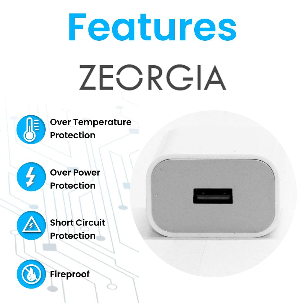 ZEORGIA ZE-IP2.4 12W Power Charger | Swift and Smart Charging with Auto-Detection, Intelligent Chip, and Advanced Safety Features | Single Port, Fireproof Design, and Proudly Made in India