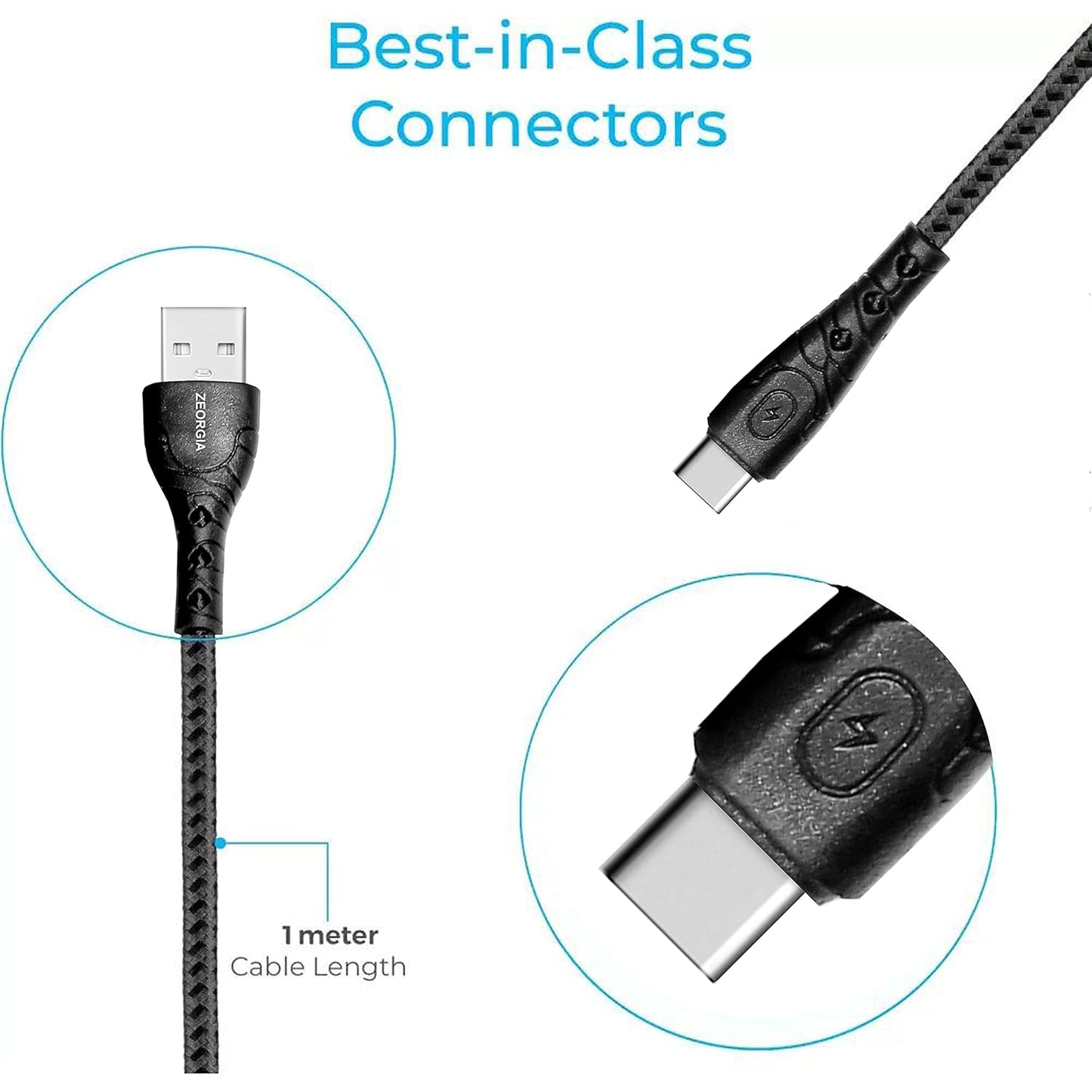 ZEORGIA Fast Charging Cable compatible with Android Phones/Tablets, 480mbps Data Transfer Speed, Made in India (Round, 1M) (Braided Ultra Type C)