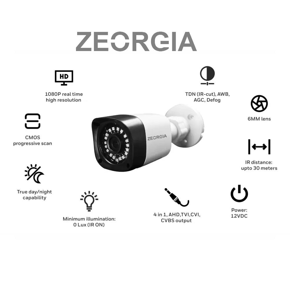 ZEORGIA Bullet Camera Full HD Display, 1080P Real-Time Resolution, 4-in-1 Output, 30m IR Distance, True Day/Night Capability, Proudly Made in India