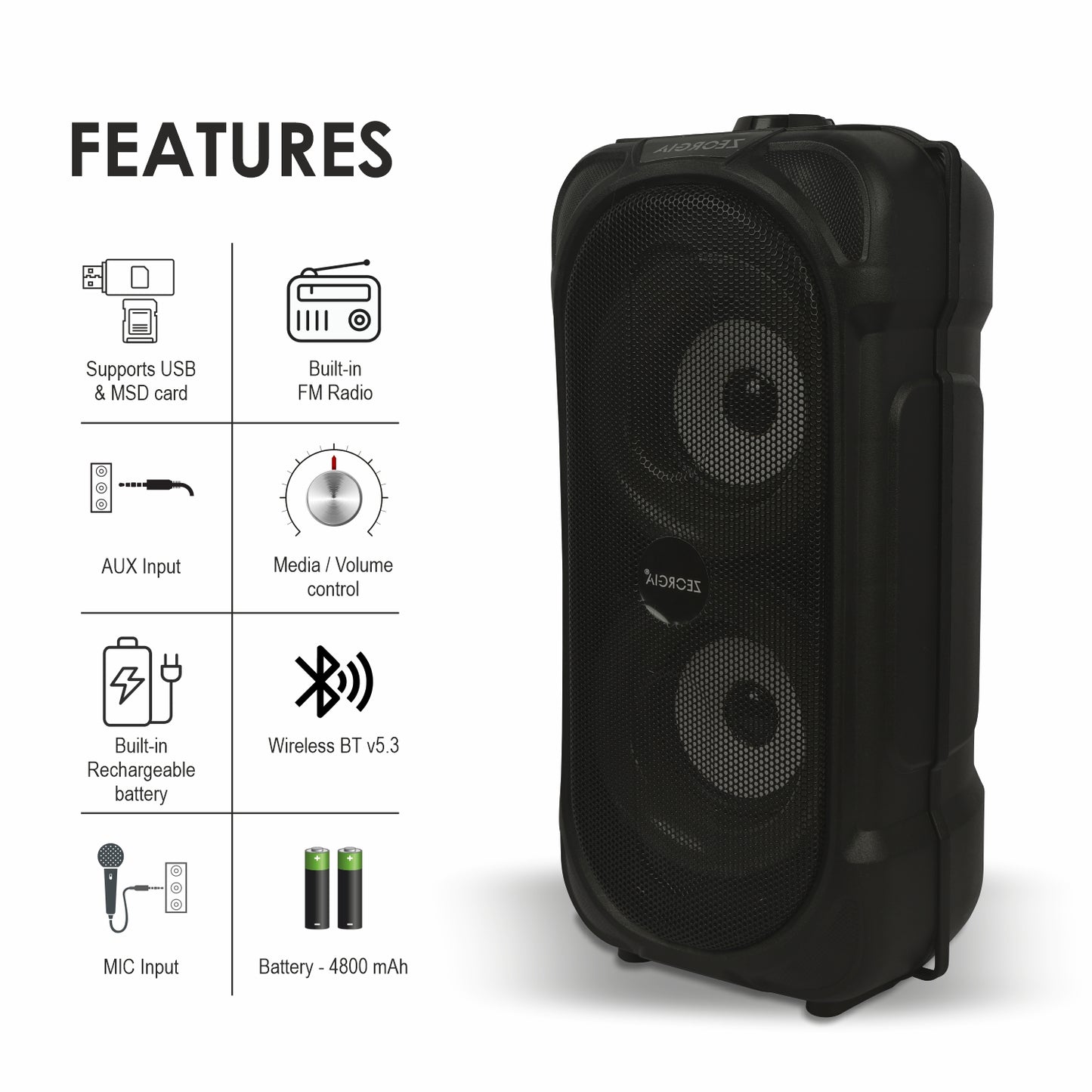 ZEORGIA ZR003 Dual 4-Inch Bluetooth Speaker | 30W RMS Power, USB/SD Card Support, FM Radio, Mic Input, and More | Proudly Made in India with BT 5.0 Technology