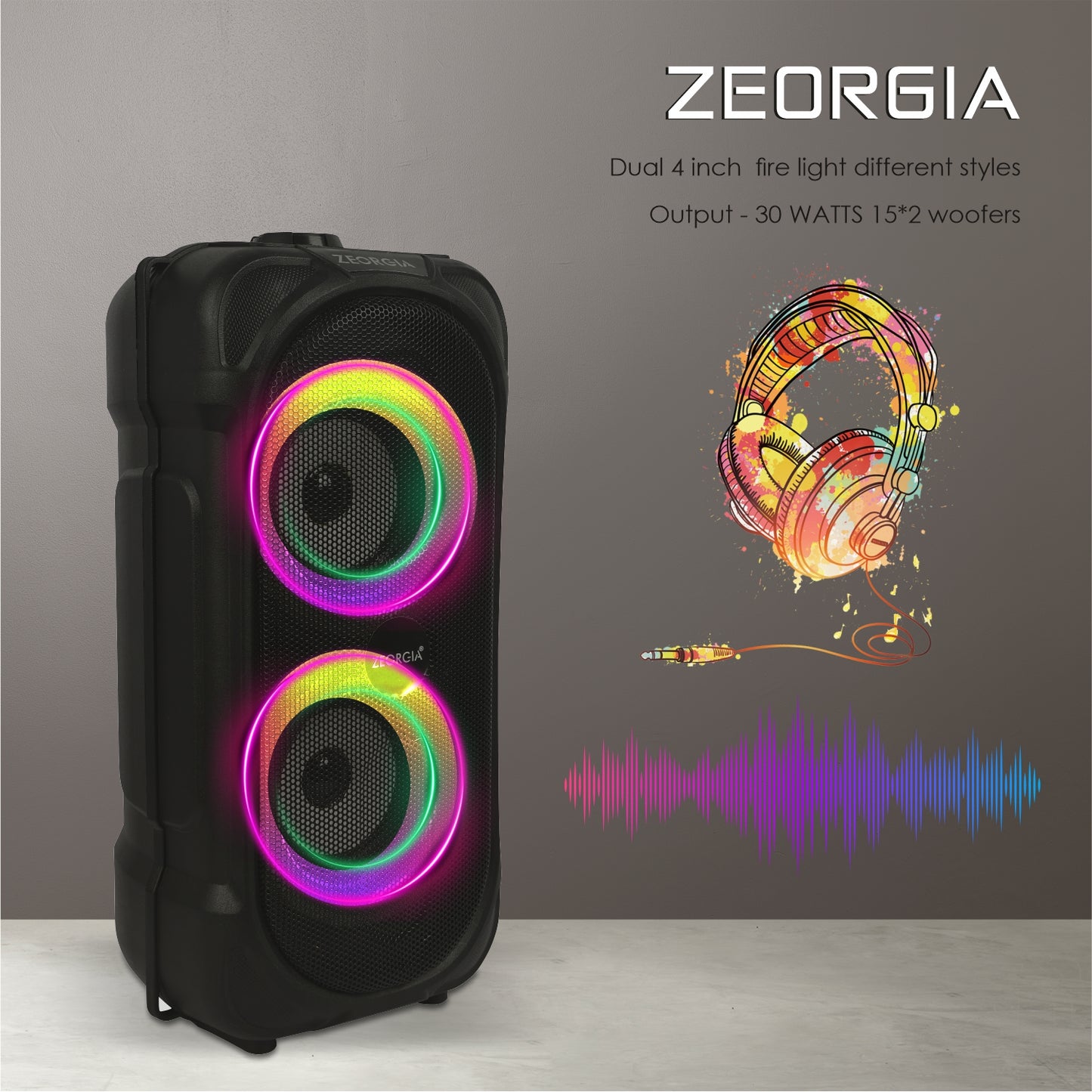 ZEORGIA ZR003 Dual 4-Inch Bluetooth Speaker | 30W RMS Power, USB/SD Card Support, FM Radio, Mic Input, and More | Proudly Made in India with BT 5.0 Technology