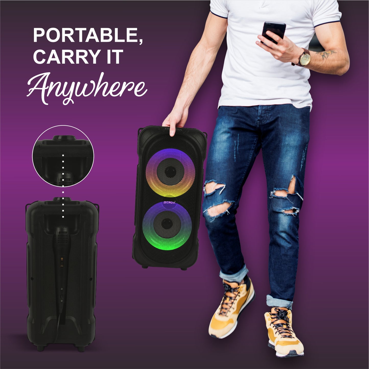 ZEORGIA ZR003 Dual 4-Inch Bluetooth Speaker | 30W RMS Power, USB/SD Card Support, FM Radio, Mic Input, and More | Proudly Made in India with BT 5.0 Technology