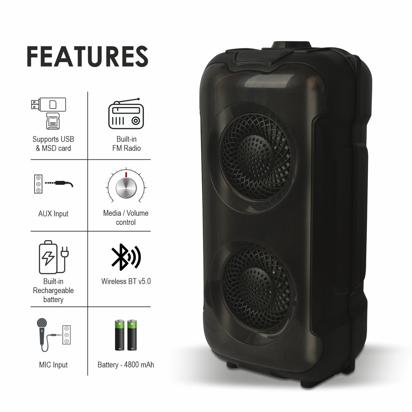 ZEORGIA ZR004 Dual 4-Inch Bluetooth Speaker | 30W RMS Power, USB/SD Card Support, FM Radio, Mic Input, and More | Proudly Made in India with BT 5.0 Technology