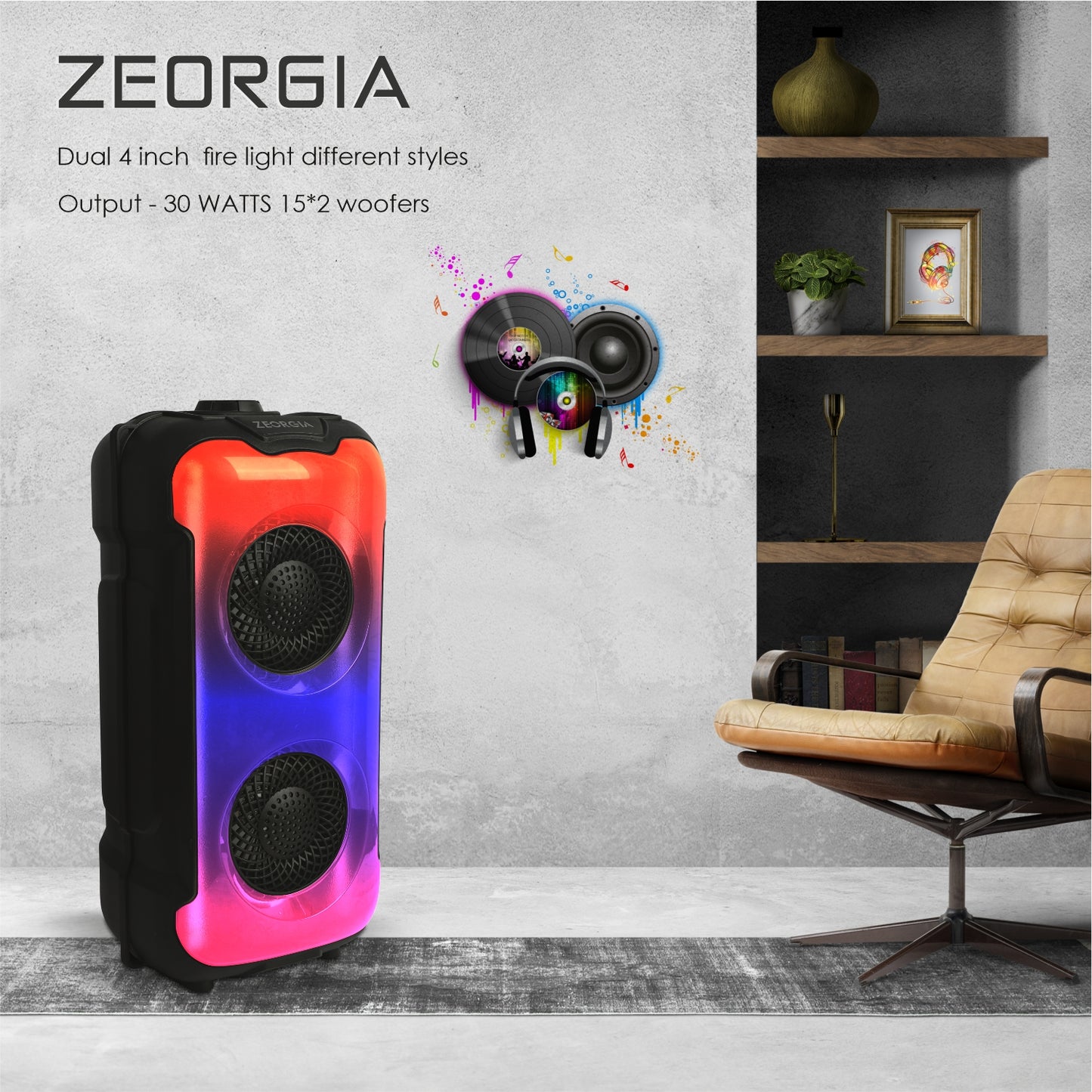 ZEORGIA ZR004 Dual 4-Inch Bluetooth Speaker | 30W RMS Power, USB/SD Card Support, FM Radio, Mic Input, and More | Proudly Made in India with BT 5.0 Technology