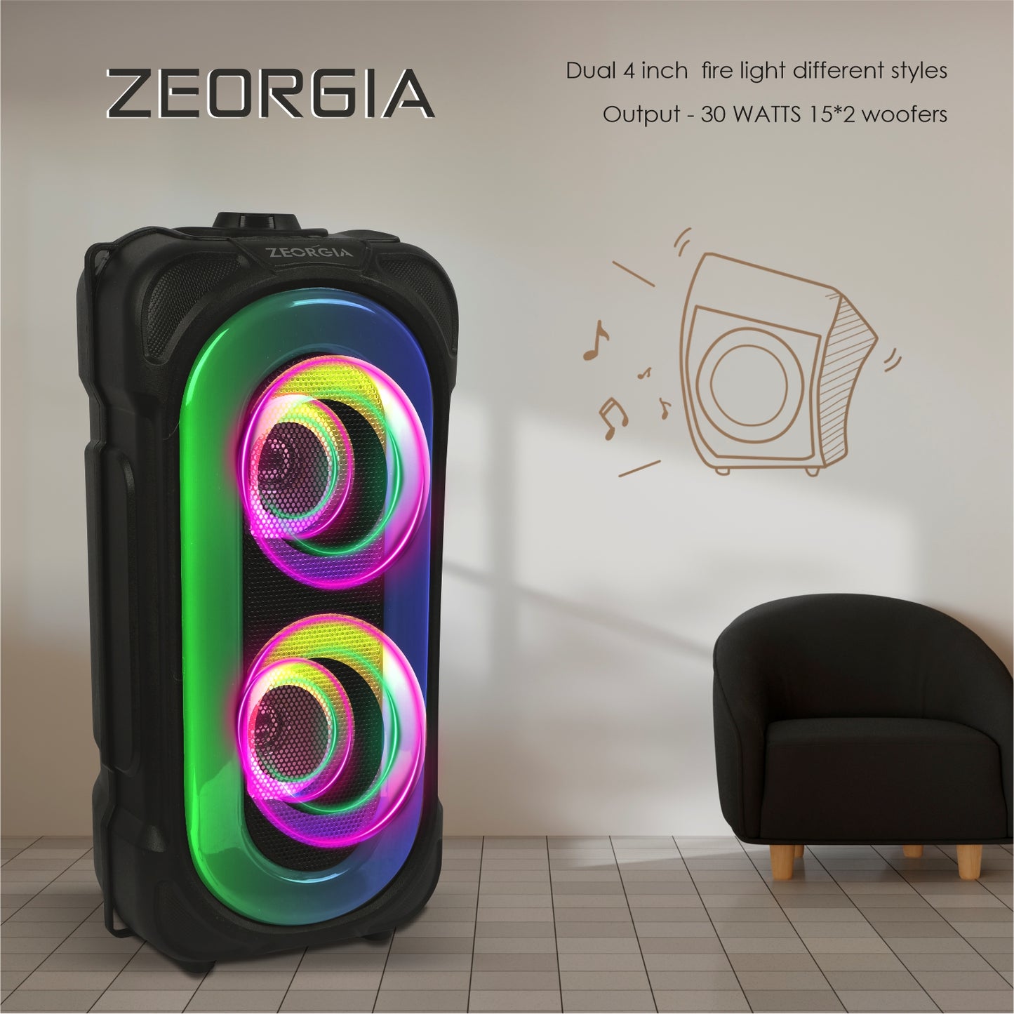 ZEORGIA ZR010 Dual 4-Inch Bluetooth Speaker | 30W RMS Power, USB/SD Card Support, FM Radio, Mic Input, and More | Proudly Made in India with BT 5.0 Technology