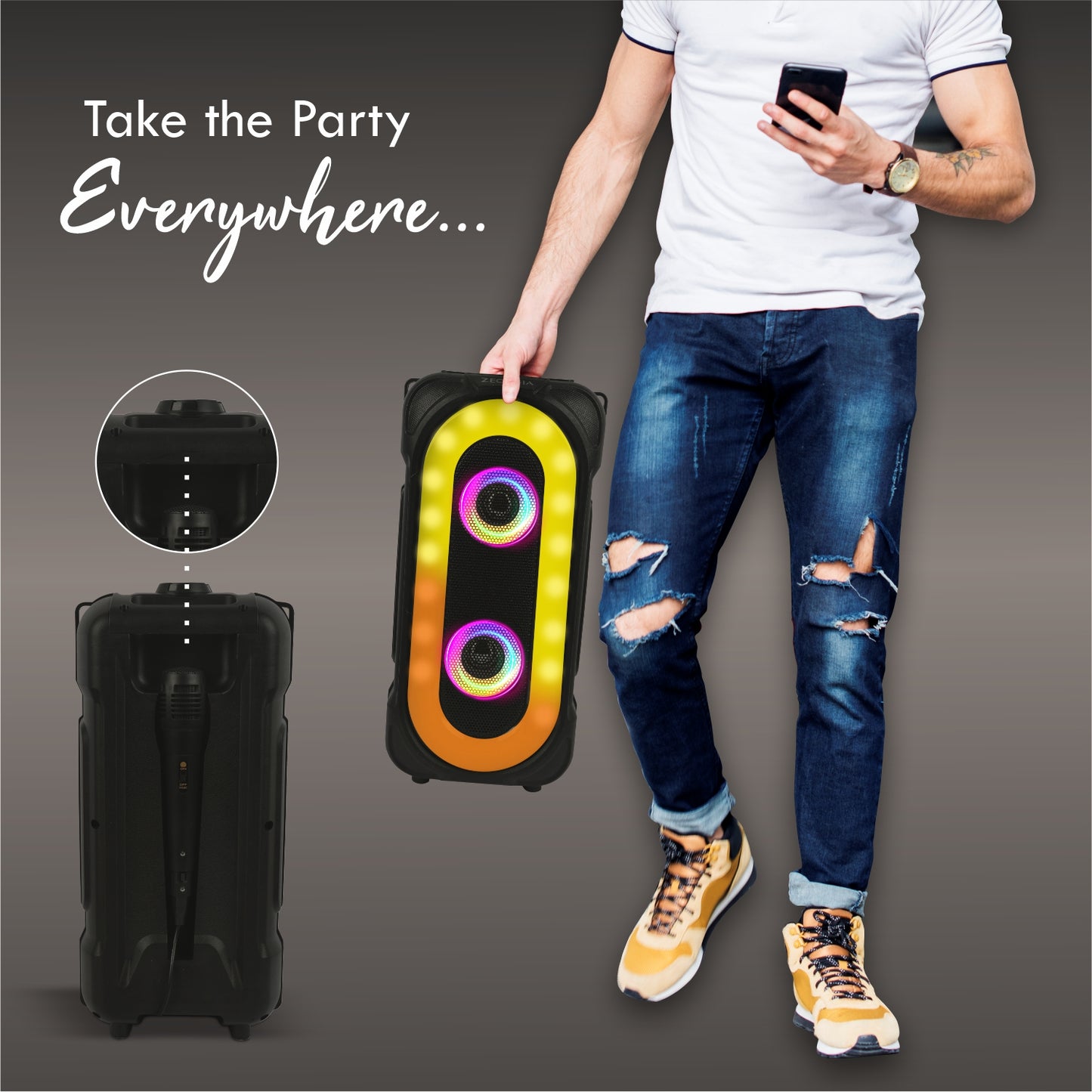 ZEORGIA ZR010 Dual 4-Inch Bluetooth Speaker | 30W RMS Power, USB/SD Card Support, FM Radio, Mic Input, and More | Proudly Made in India with BT 5.0 Technology