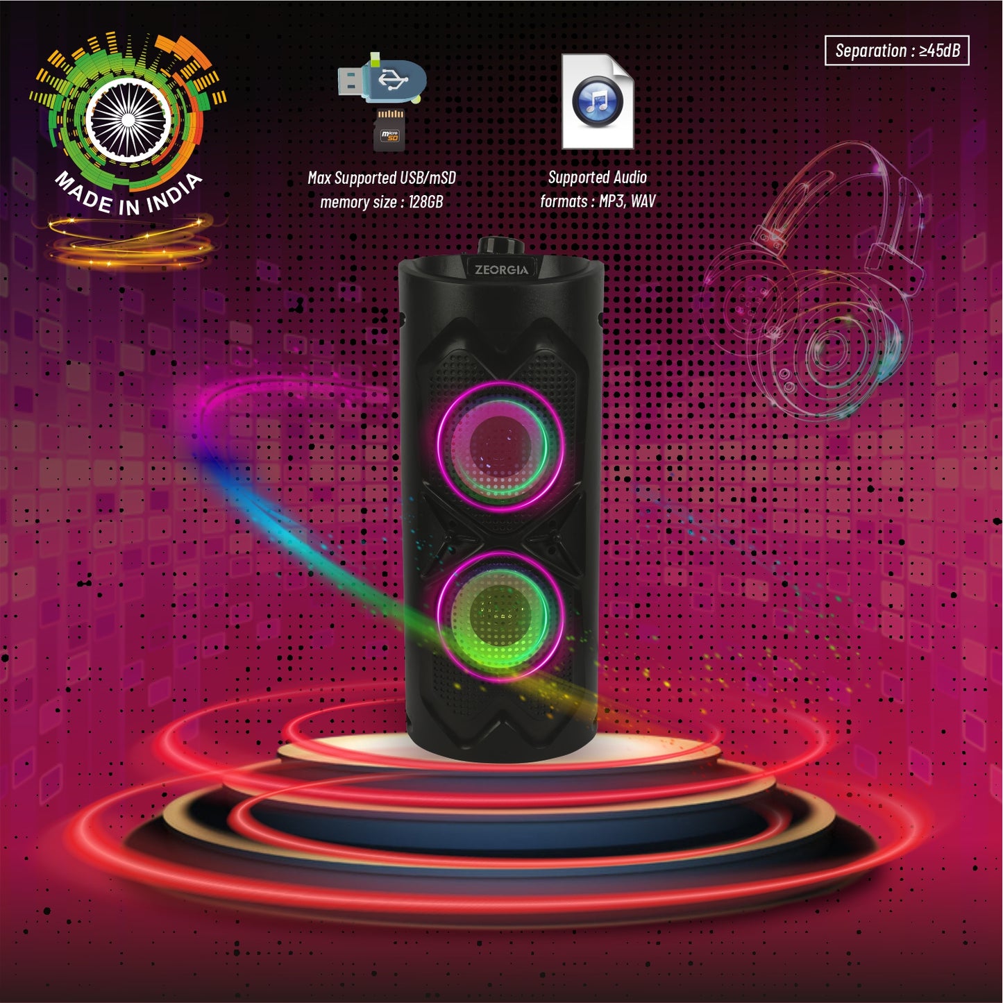 ZEORGIA ZR011 Dual 4-Inch Bluetooth Speaker | 30W RMS Power, USB/SD Card Support, FM Radio, Mic Input, and More | Proudly Made in India with BT 5.0 Technology