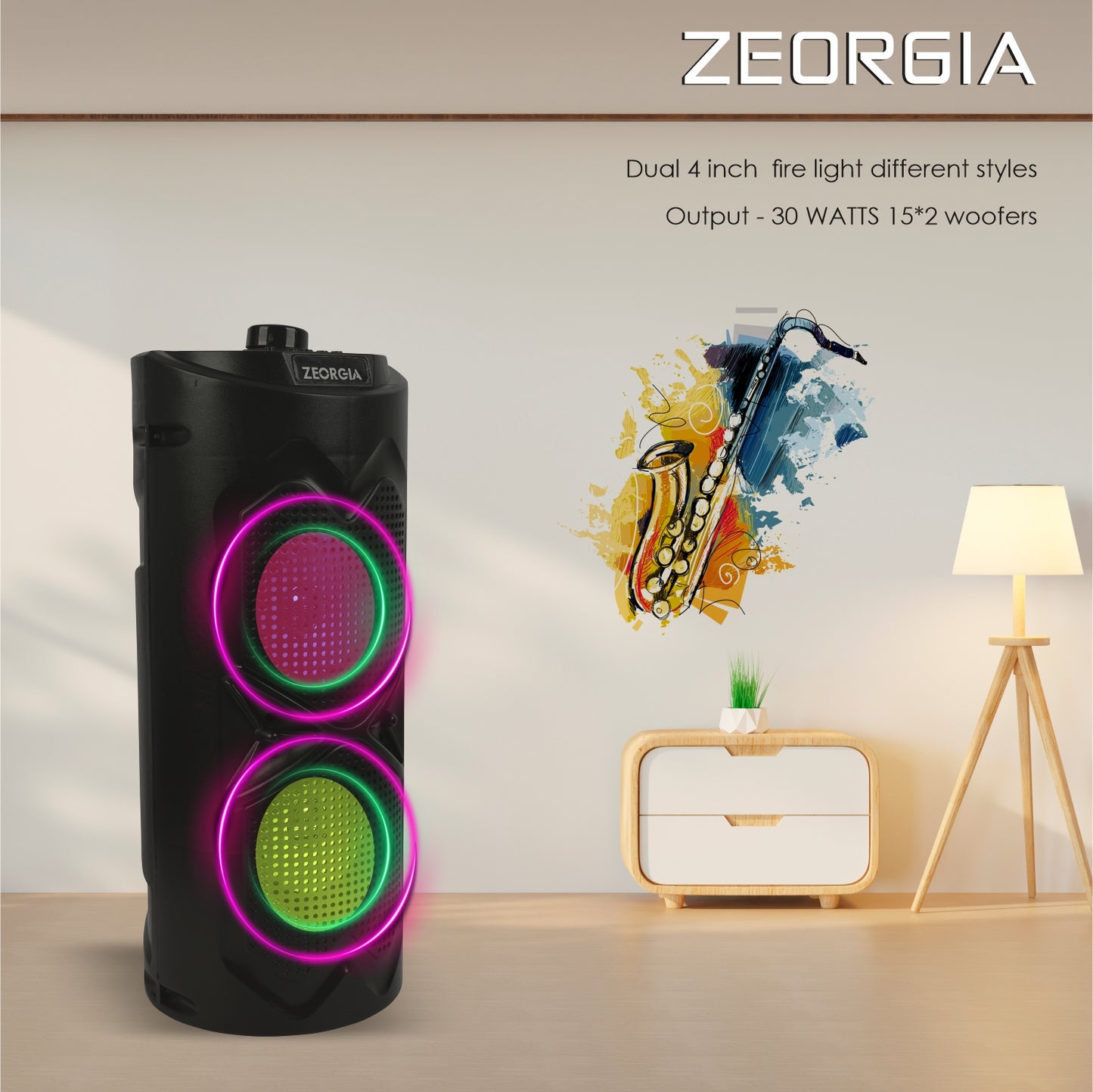 ZEORGIA ZR011 Dual 4-Inch Bluetooth Speaker | 30W RMS Power, USB/SD Card Support, FM Radio, Mic Input, and More | Proudly Made in India with BT 5.0 Technology