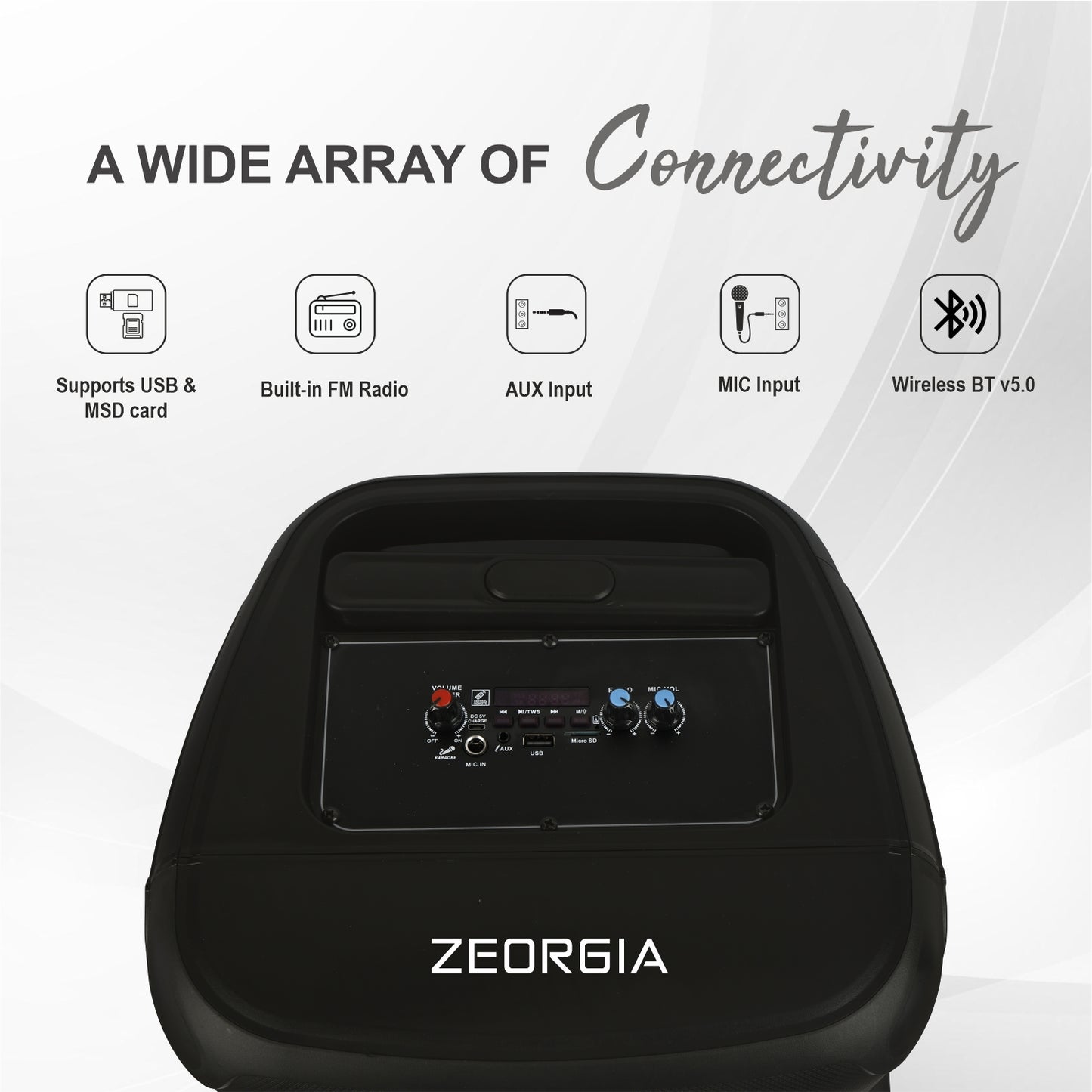 ZEORGIA ZR-001 12-Inch Portable Trolley Speaker with 80W Output, LED Fire Light, Voice Changer, and Wireless BT v5.0 | Rechargeable Battery | Proudly Made in India