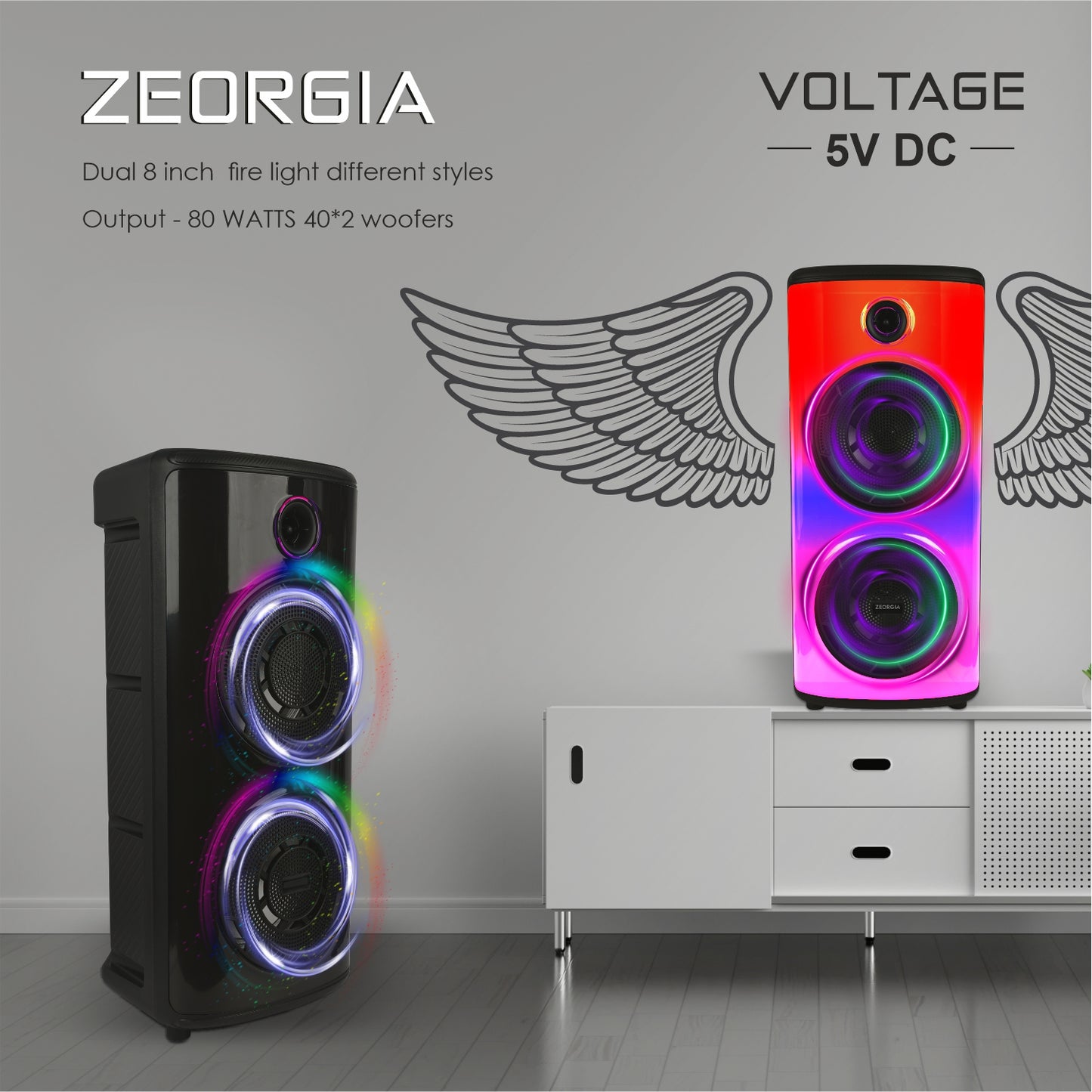 ZEORGIA ZR002 Powerful 80W Dual 8-Inch Portable Bluetooth Speaker with Fire-Light Design, Wireless BT v5.0, and Rechargeable Battery | Ideal for Ultimate Audio Experience